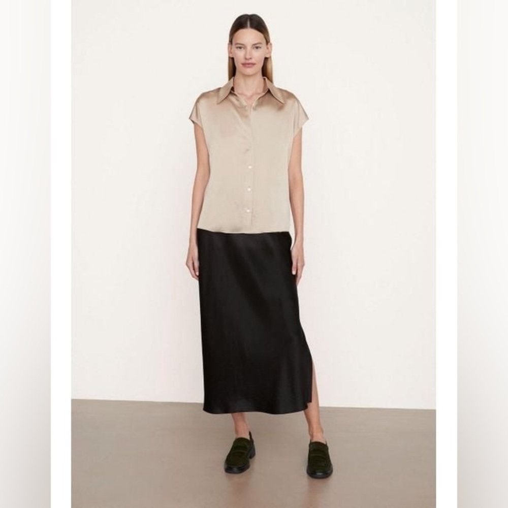 NWT $345 Vince Cap Sleeve Ruched Back Silk Blouse In Pale Nut
